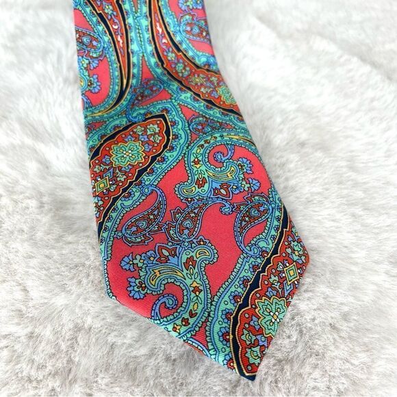 Happy Ties Men’s 100% Silk Blue, Green and Pink Paisley Print - Picture 2 of 6